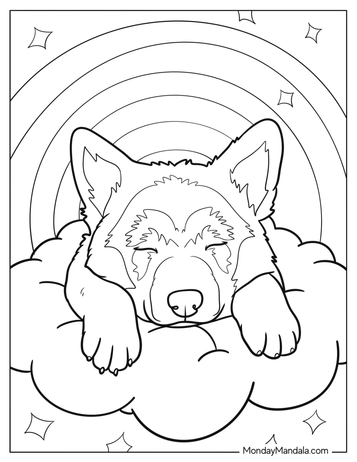 Sleeping German Shepherd Coloring Page on a Cloud with Rainbow coloring page