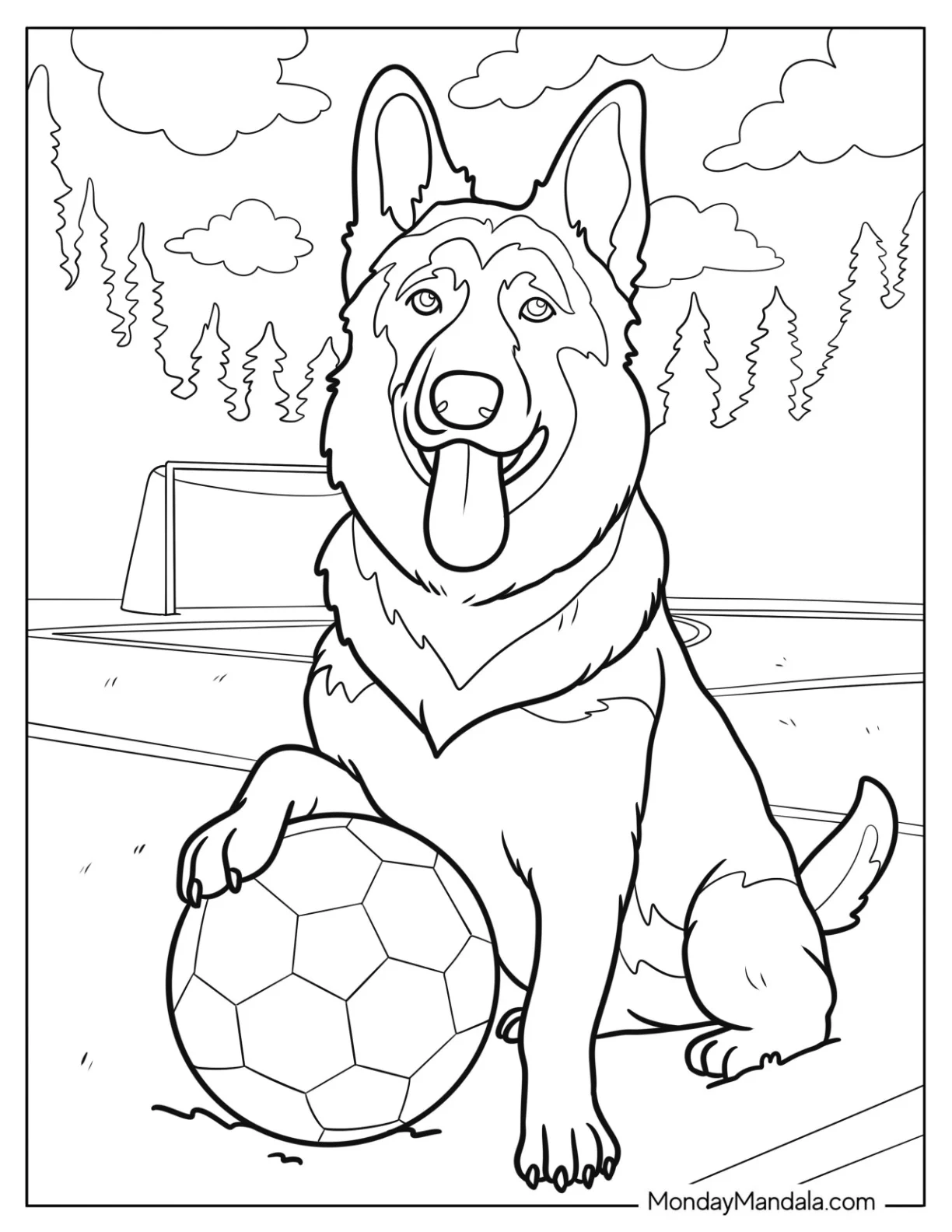 Sporty German Shepherd Coloring Page with Its Paw on a Soccer Ball coloring page