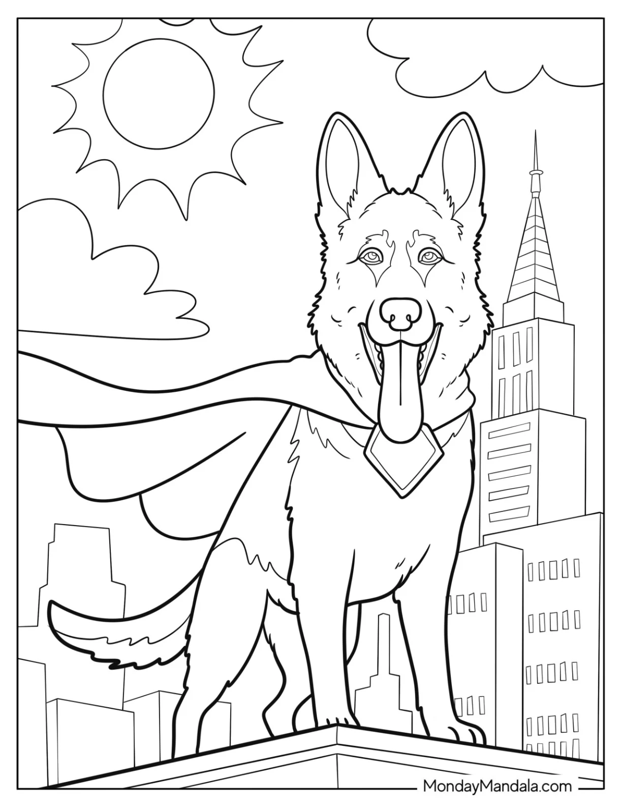 Superhero German Shepherd Coloring Page with Cape on a City Rooftop coloring page