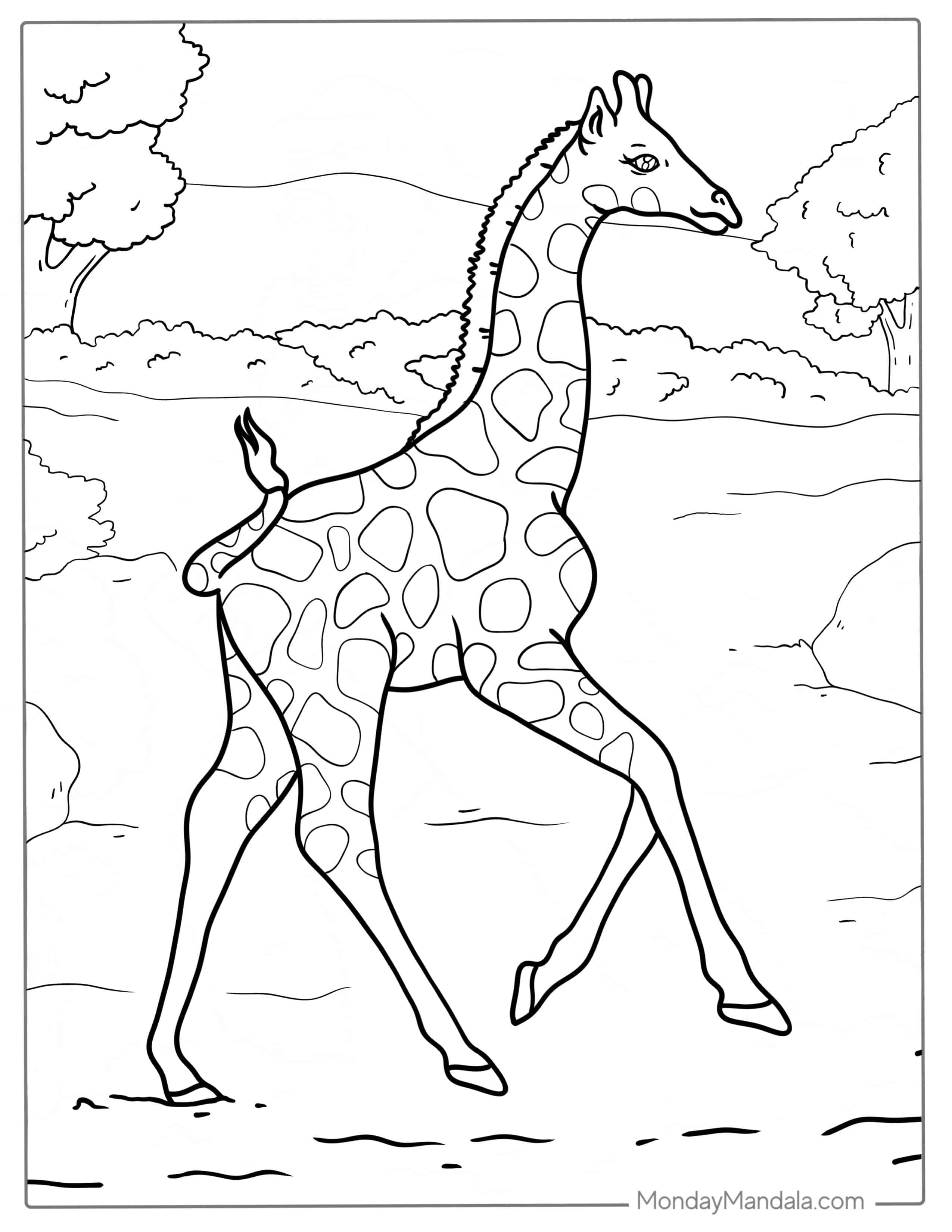 Cute Baby Giraffe Running In The Wild coloring page — printable line art