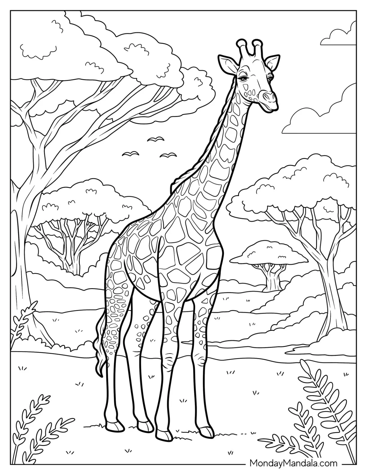 Elegant Giraffe Coloring Page In African Wilderness coloring page — printable line art