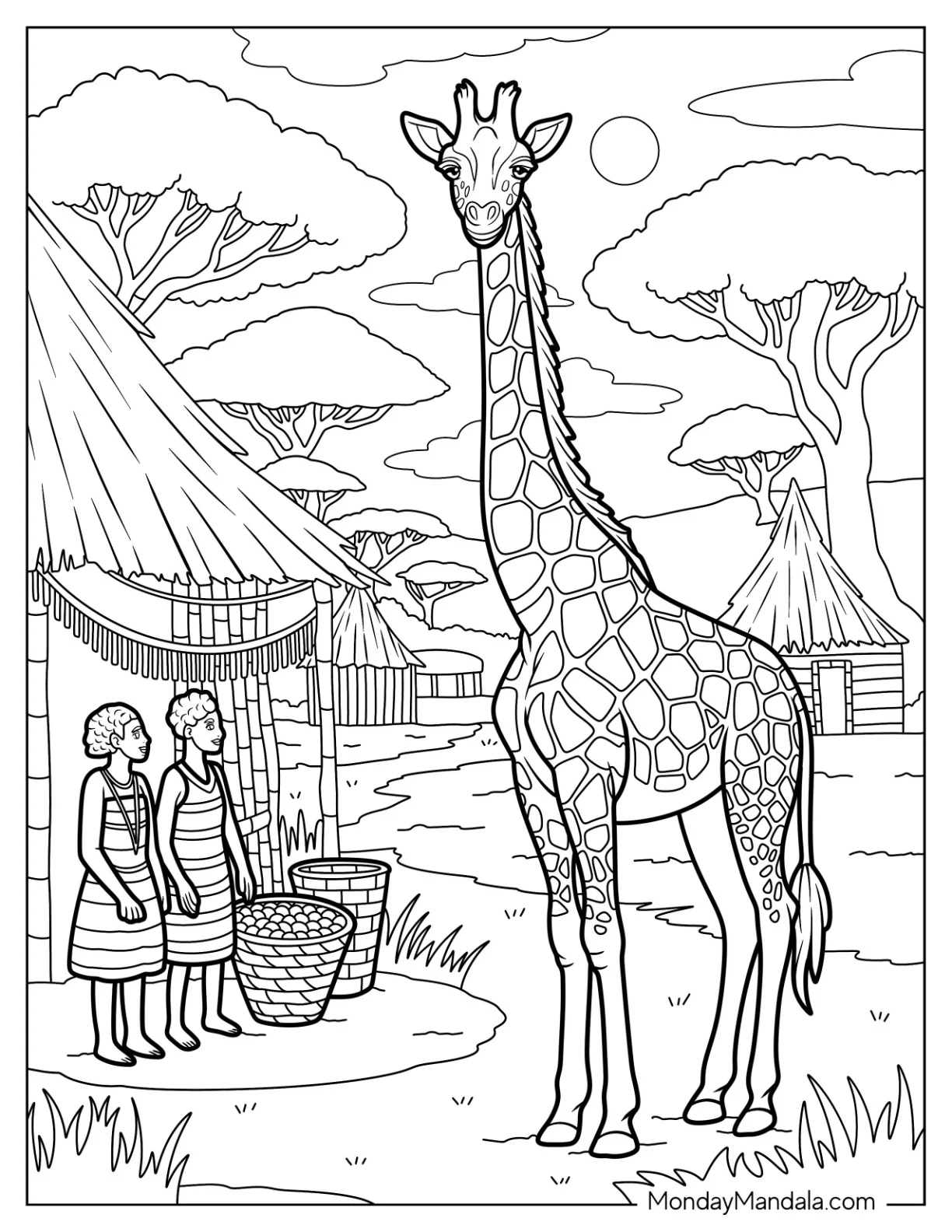 Giraffe Coloring Page In Traditional African Village With Huts And Women coloring page