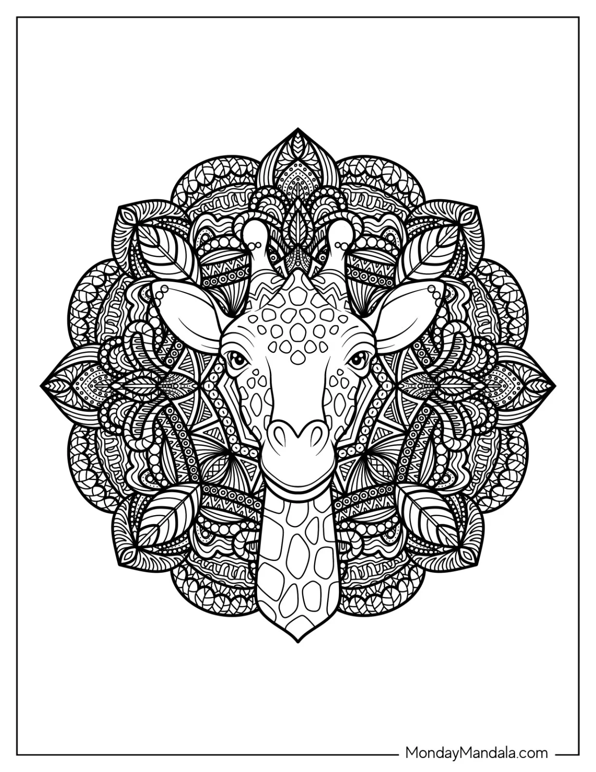 Giraffe Coloring Page of Head In The Middle Of An Intricate Floral Mandala coloring page — printable line art