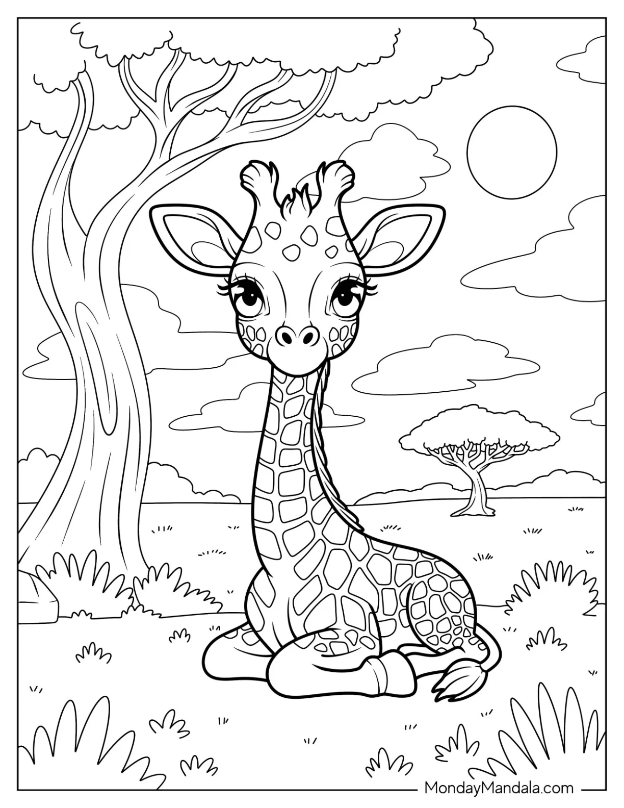 Peaceful Giraffe Coloring Page of Calf In Grassy Landscape With Sun And Clouds for Kids coloring page — printable line art