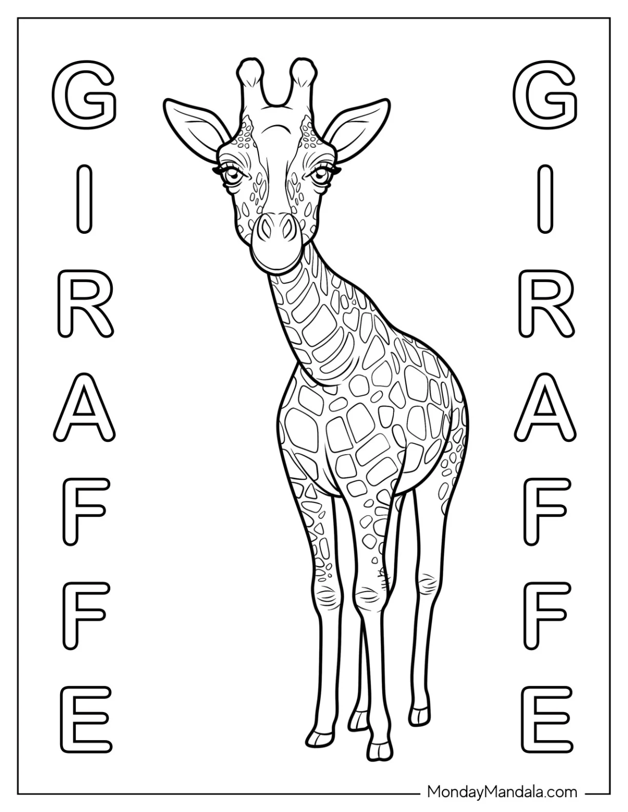Realistic Giraffe Coloring Page with Detailed Spots and GIRAFFE Text coloring page — printable line art