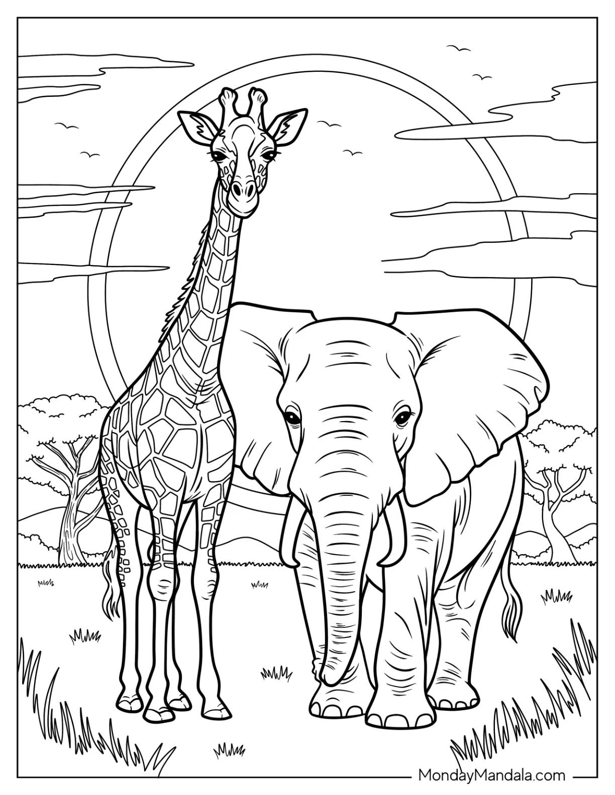 Safari Scene With Giraffe Coloring Page And Elephant At Sunset For Adults coloring page