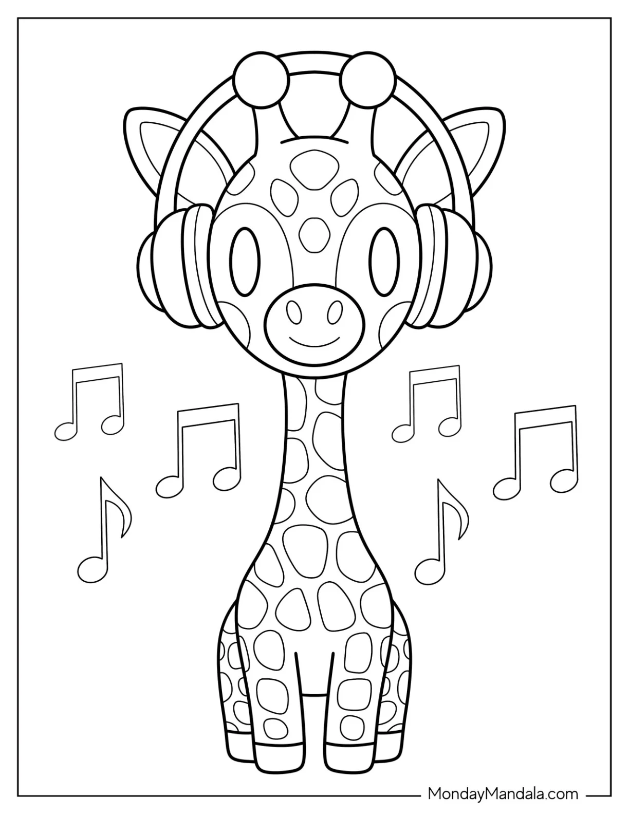 Simple Giraffe Coloring Page With Headphones And Musical Notes for Preschoolers coloring page — printable line art