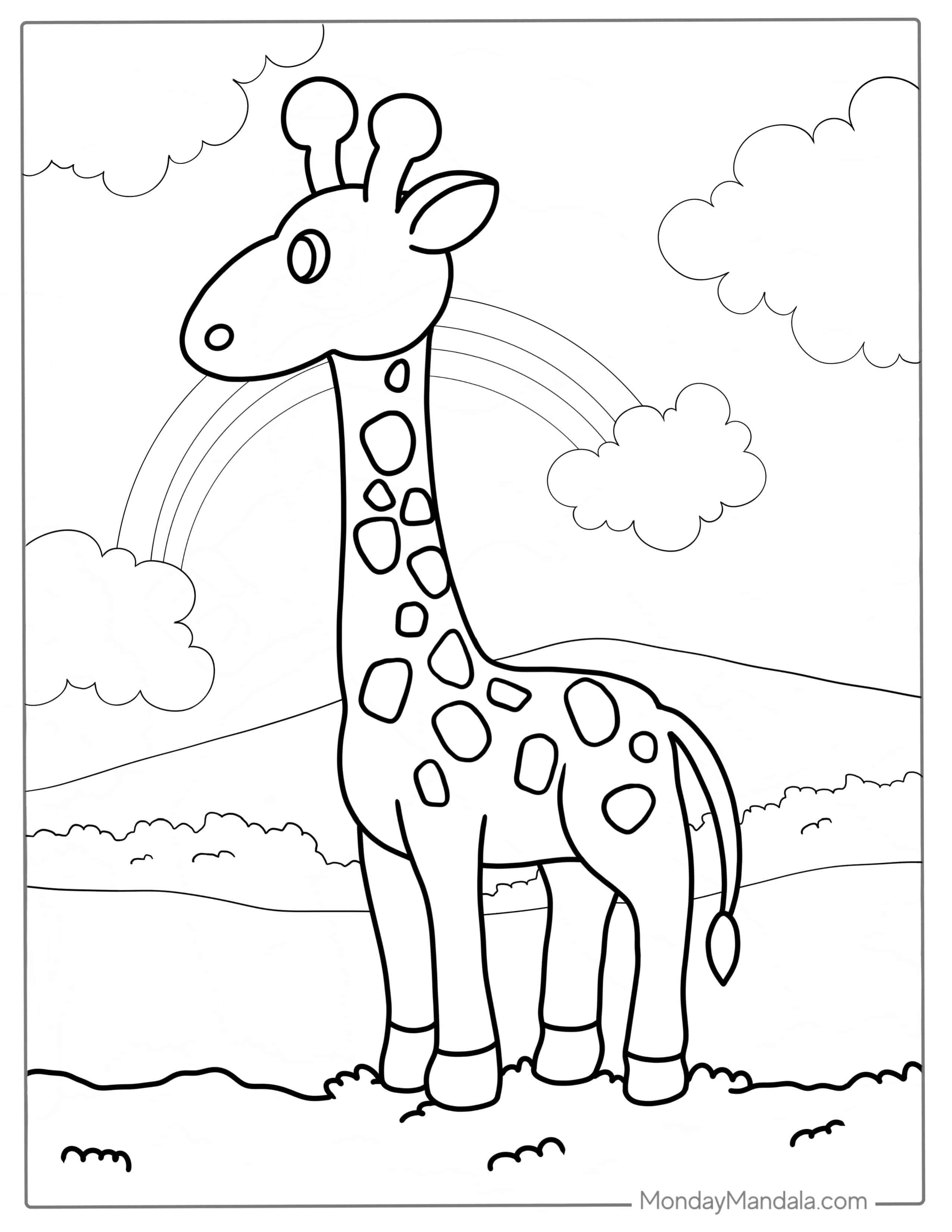 Simple Giraffe Coloring Page With Rainbow coloring page — printable line art