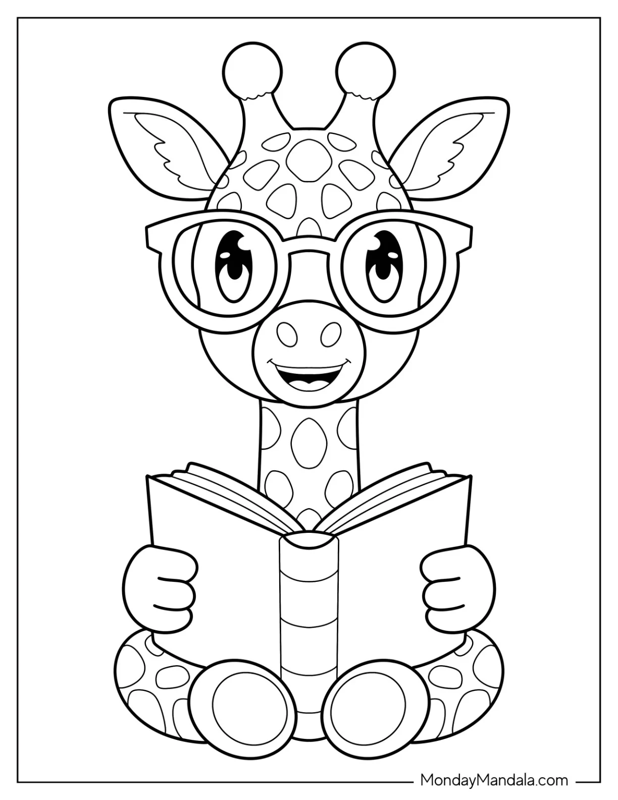 Smart Giraffe Coloring Page In Glasses Reading A Book for Preschoolers coloring page