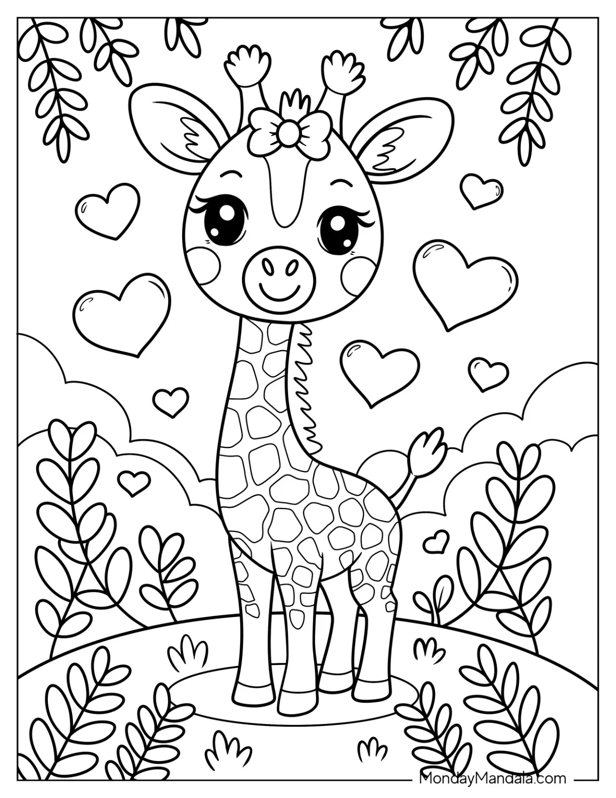 Sweet Baby Giraffe Coloring Page With Big Eyes And Love Hearts and Leaves for Kids coloring page