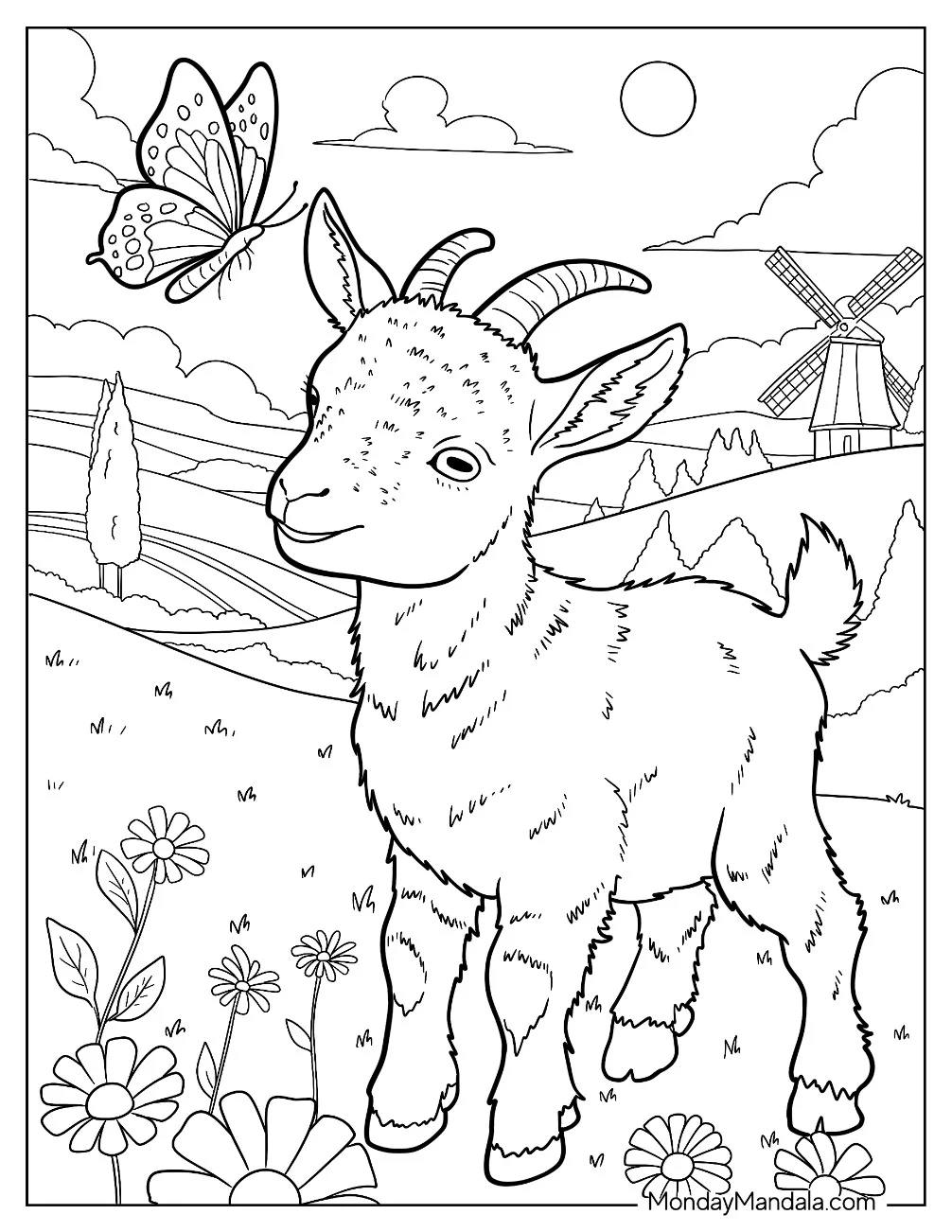 Adorable Baby Goat Coloring Page Watching a Butterfly in a Meadow with Windmill coloring page