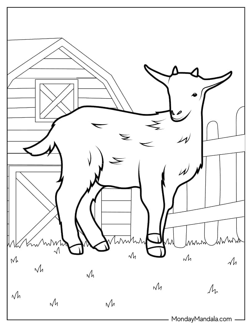Coloring Page Of a Goat Next To a Farm Barn coloring page — printable line art