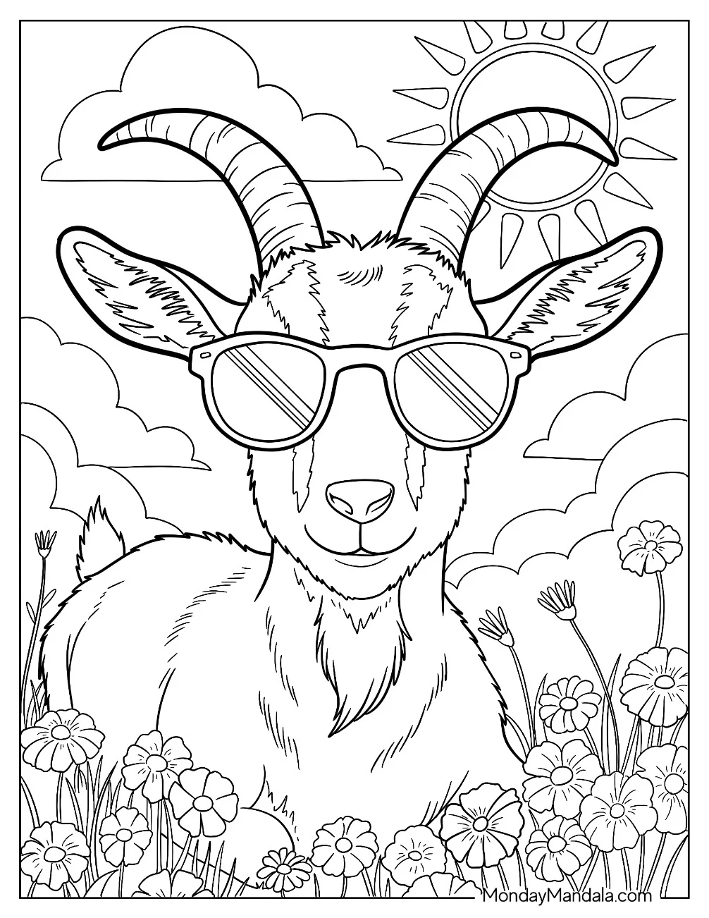 Cool Goat Coloring Page with Sunglasses Under the Bright Summer Sun for Kids coloring page
