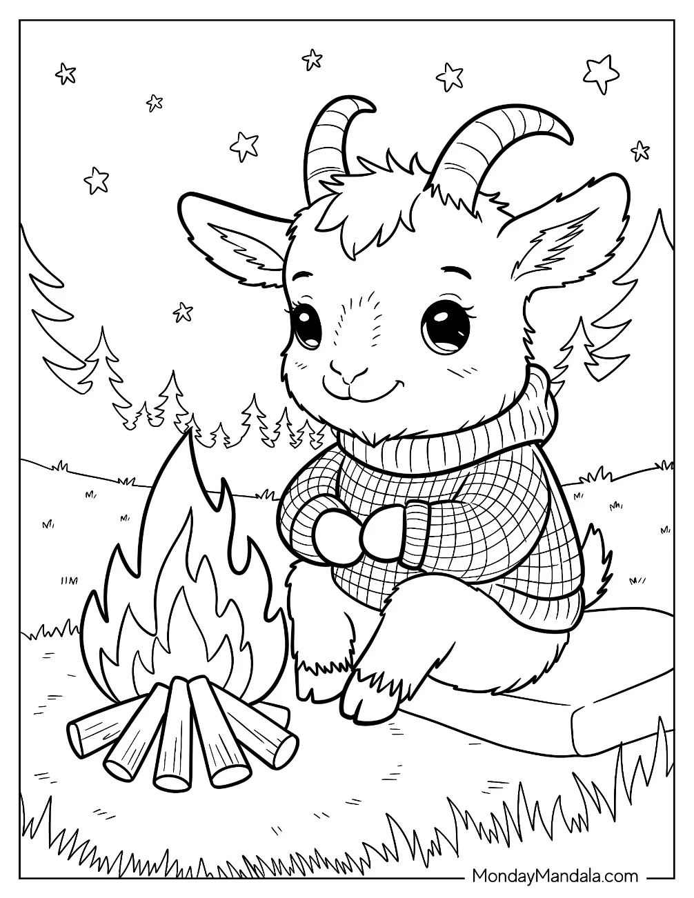 Cozy Goat Coloring Page in a Sweater Enjoying Campfire coloring page