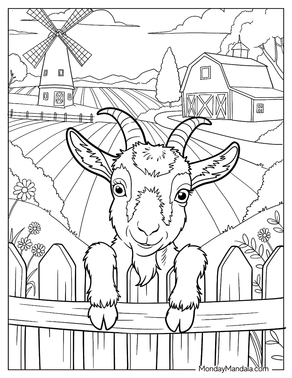 Curious Goat Coloring Page Peeking Over a Wooden Fence on a Sunny Farm Day coloring page — printable line art