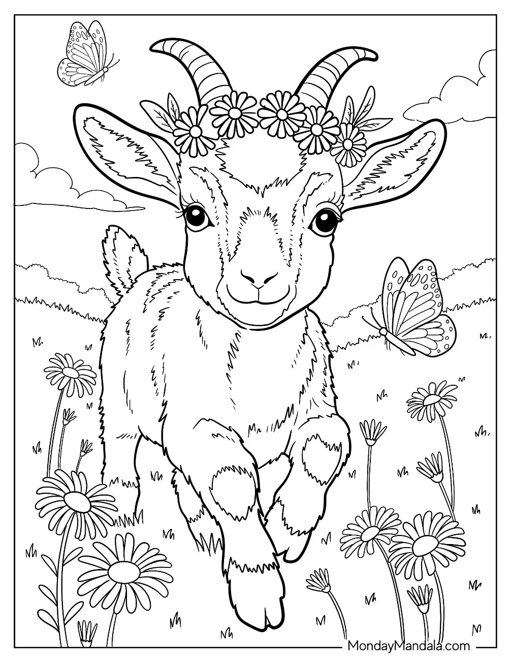 Cute Realistic Goat Coloring Page with a Flower Crown Running Through a Field of Daisies coloring page — printable line art