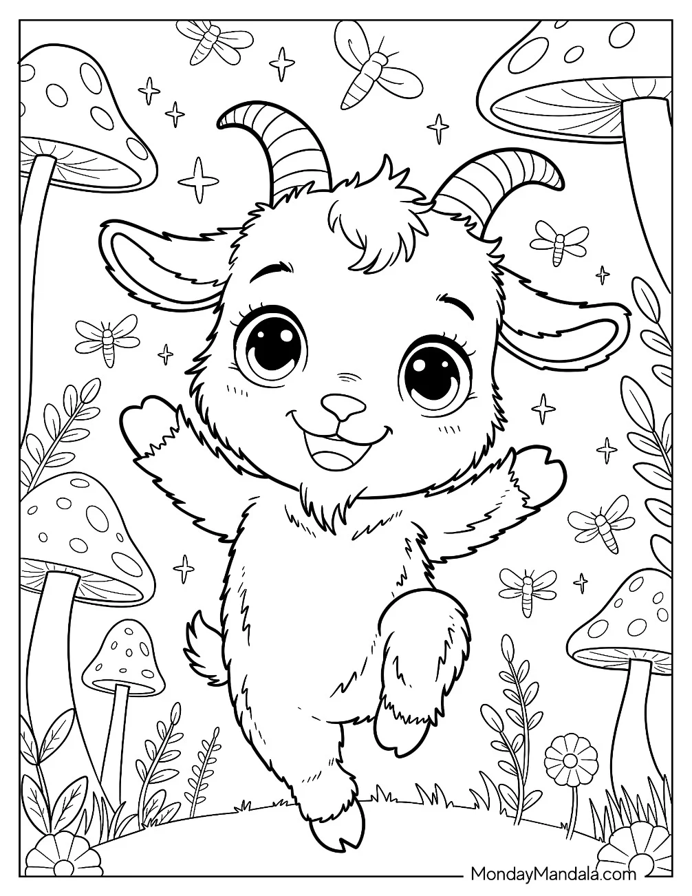 Energetic Goat Coloring Page Hopping in an Enchanted Woodland with Butterflies for Kids coloring page — printable line art