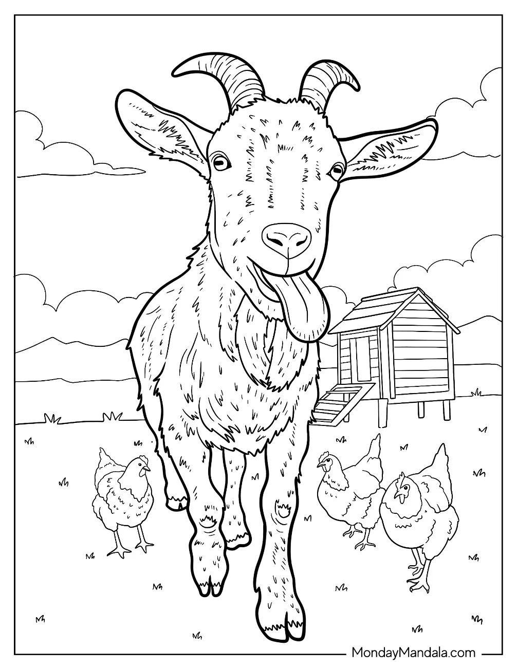 Funny Goat Coloring Page with Tongue Out Walking Beside Farm Chickens coloring page — printable line art