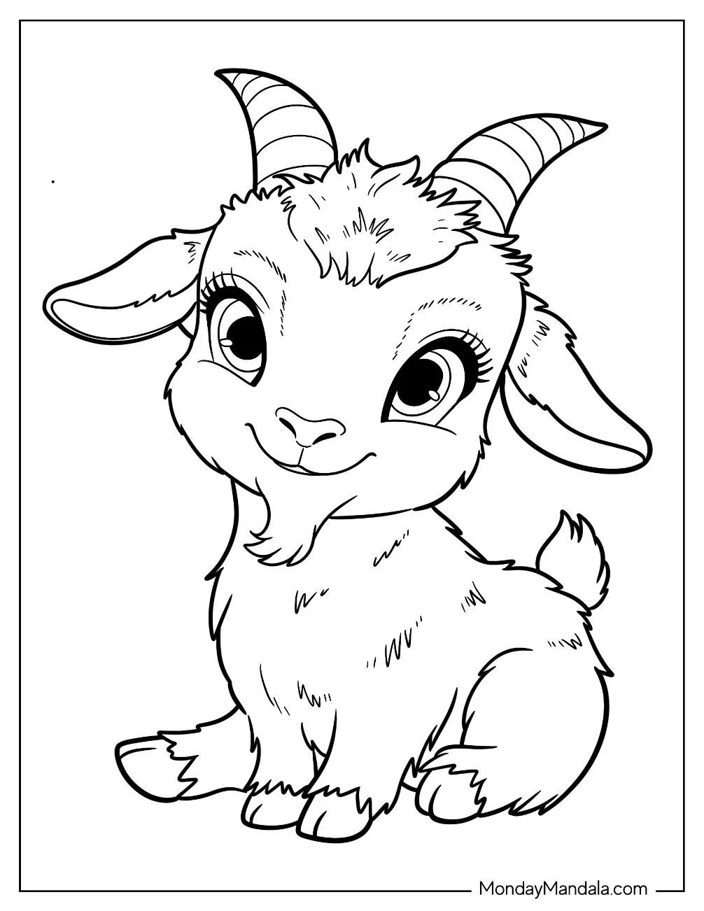 Furry Little Goat Coloring Page with Horns and Long Lashes for Kids coloring page — printable line art