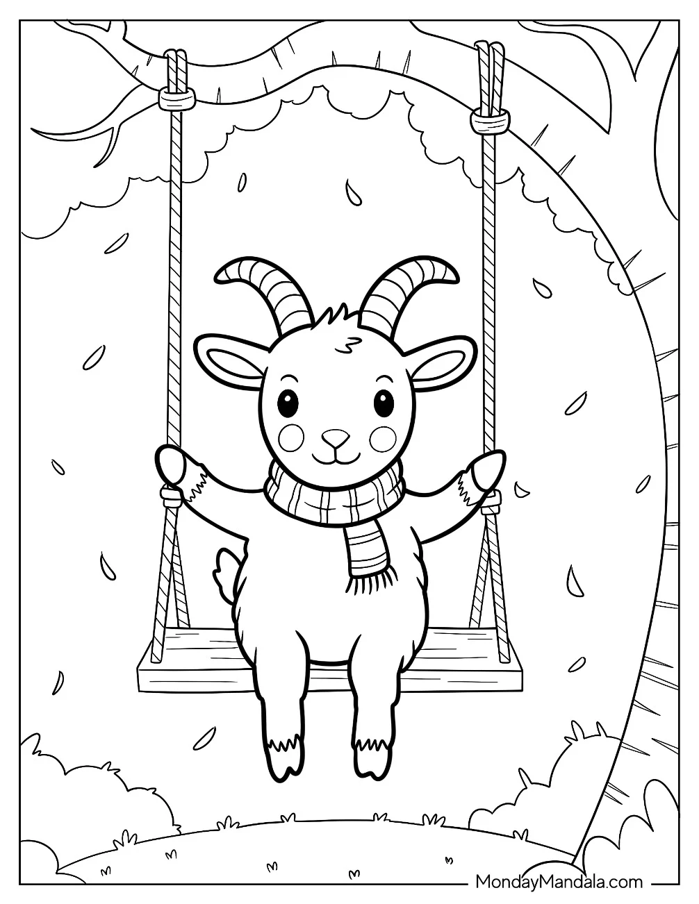 Goat Coloring Page Enjoying a Swing Ride on a Breezy Afternoon for Kids coloring page