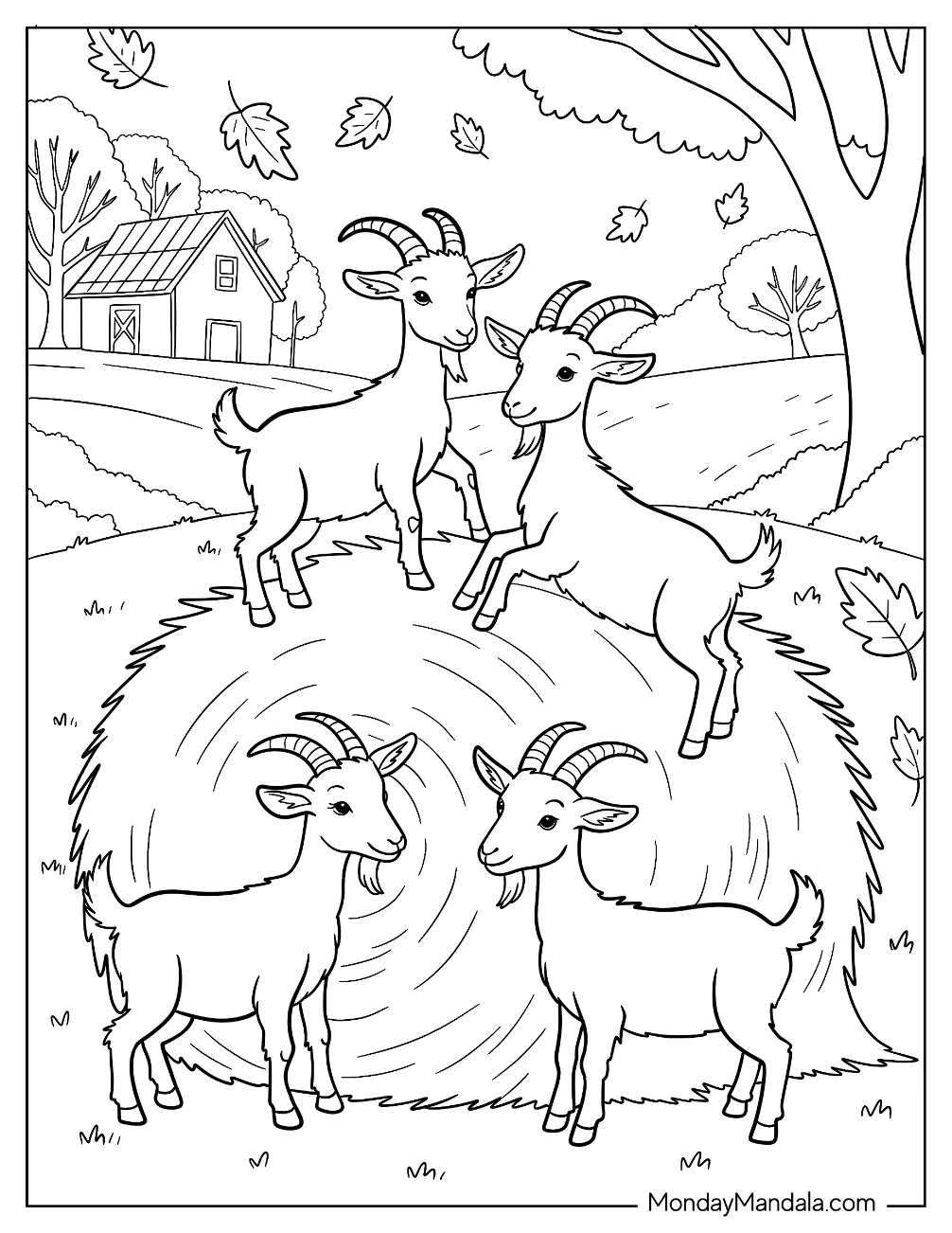 Lively Goat Coloring Page Climbing and Playing on a Fresh Hay Bale in the Countryside coloring page — printable line art