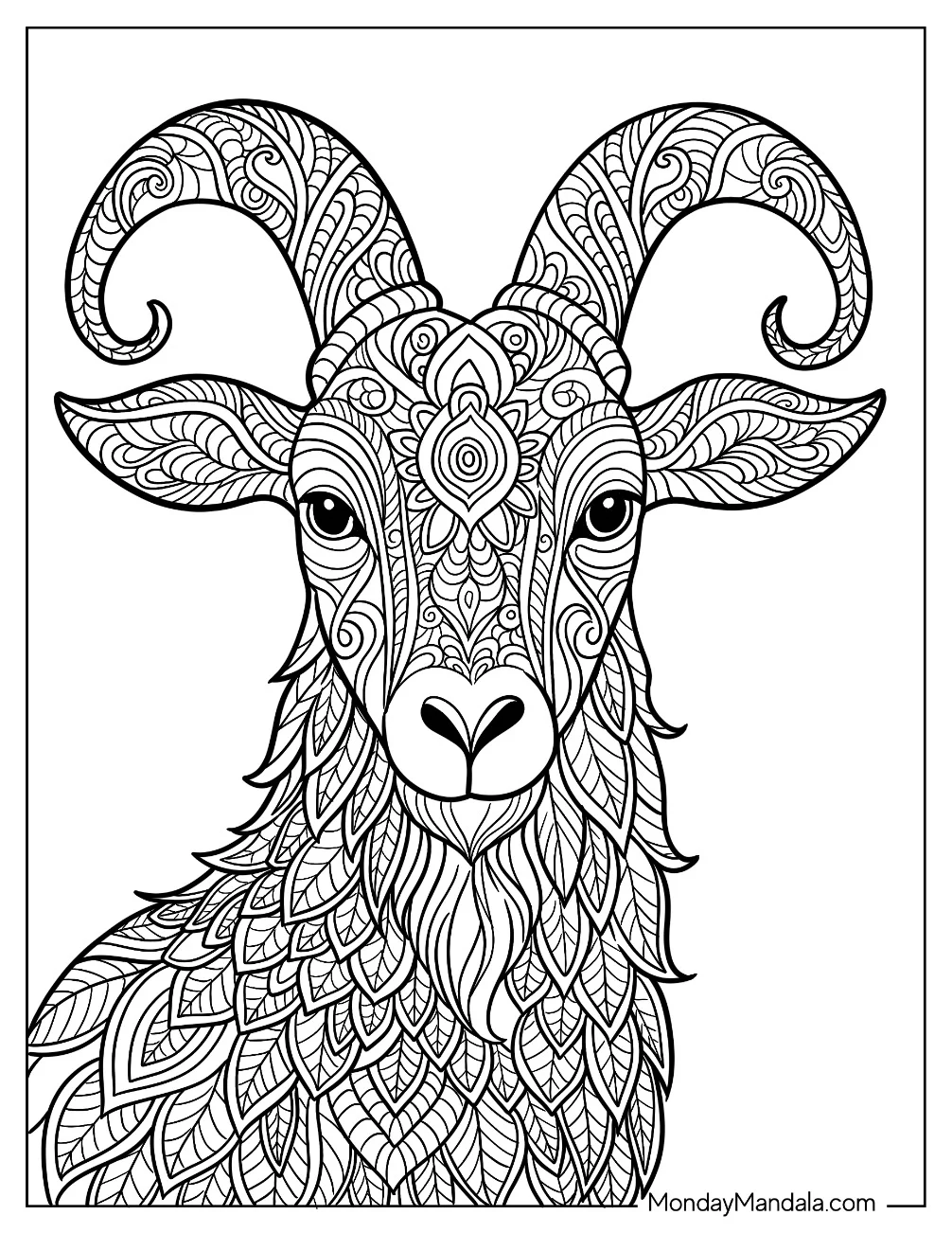 Majestic Goat Coloring Page Mandala with Swirling Horns and Detailed Patterns coloring page — printable line art