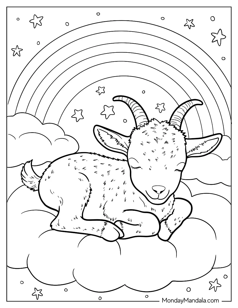 Peaceful Baby Goat Coloring Page Sleeping on a Cloud Beneath a Rainbow Sky for Kids coloring page — printable line art