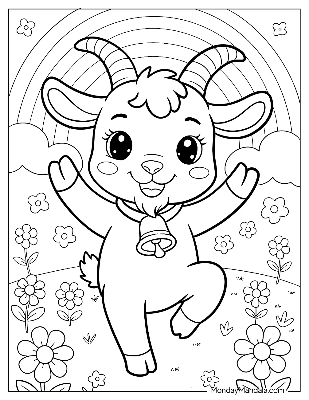 Playful Goat Coloring Page Dancing Under a Bright Rainbow in a Flower Field for Kids coloring page