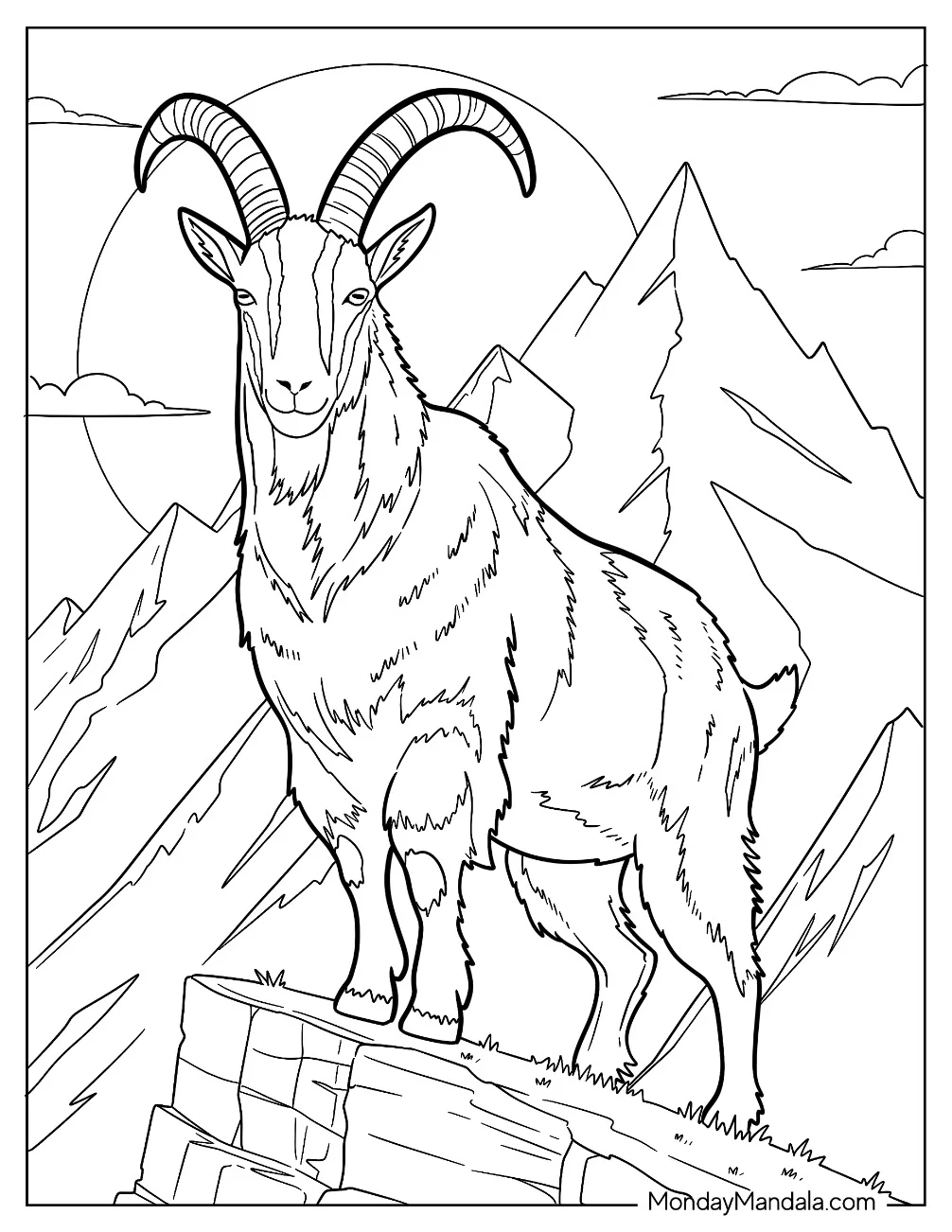 Powerful Goat Coloring Page Standing Tall on a Rocky Ledge in the High Alps coloring page — printable line art