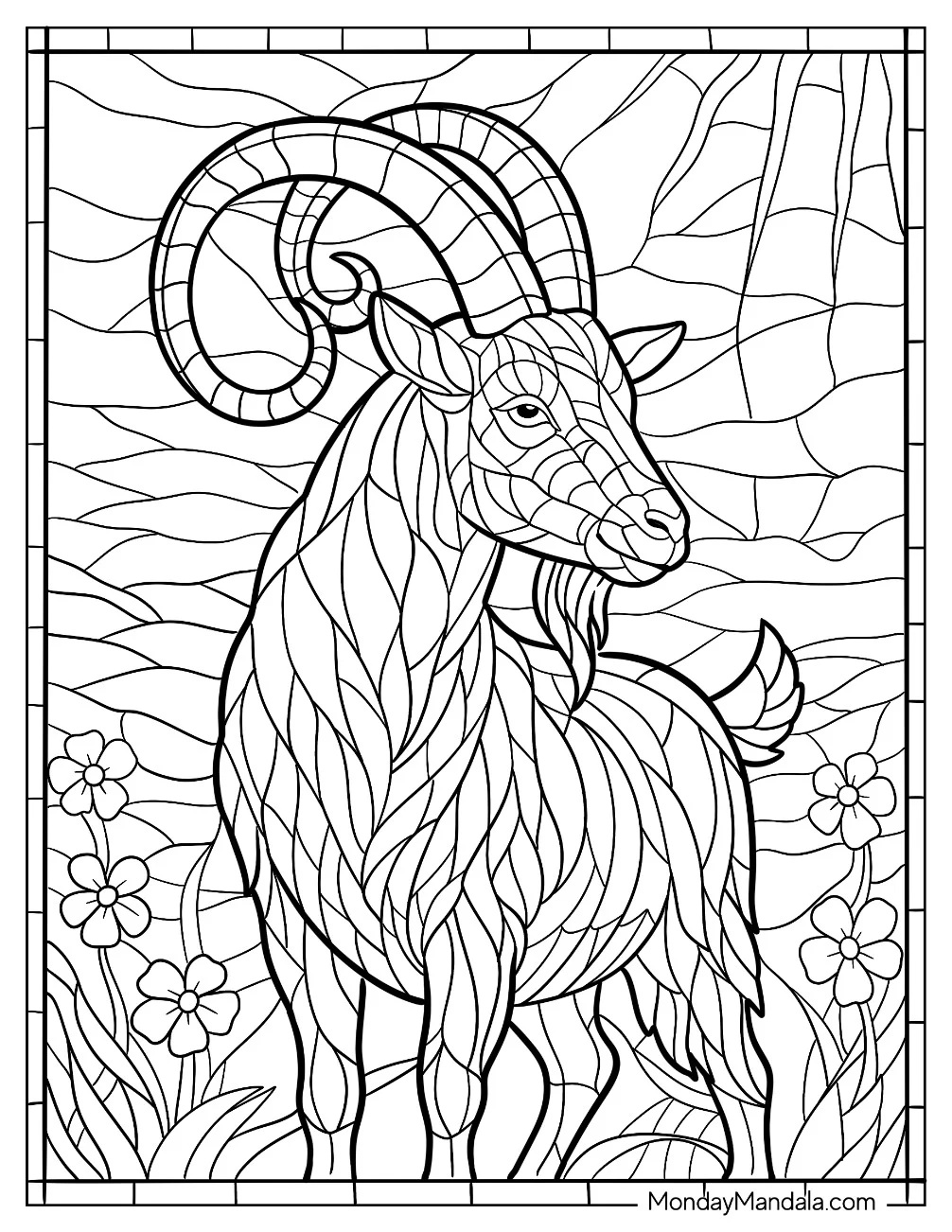 Stained Glass Window of Proud Goat Coloring Page with Curved Horns coloring page