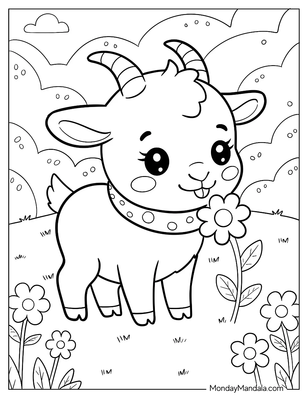 Sweet Baby Goat Coloring Page Sniffing a Daisy in a Sunny Meadow for Preschoolers coloring page