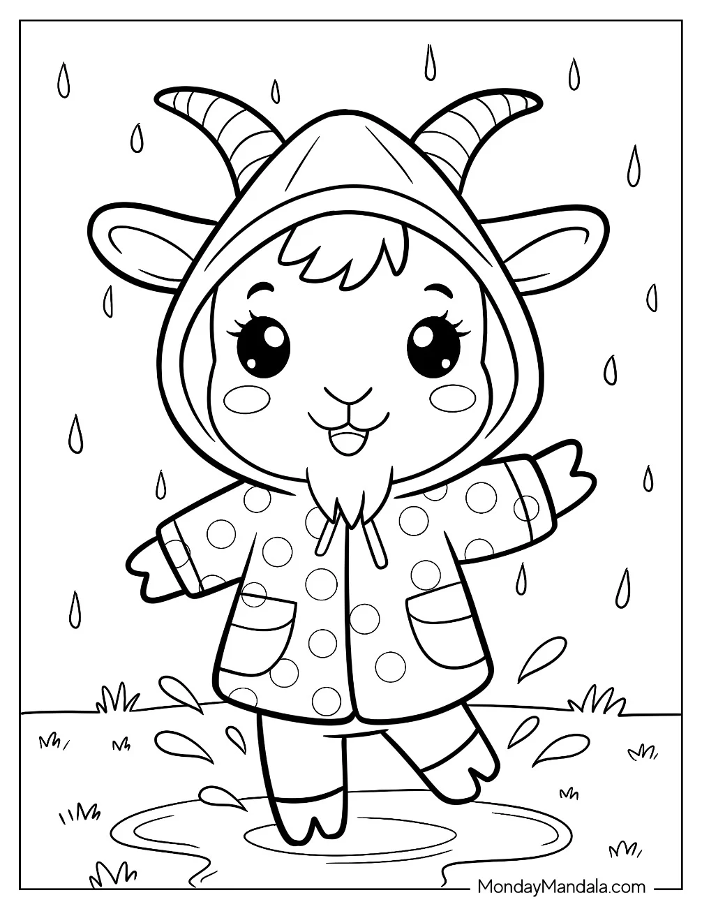 Tiny Goat Coloring Page in a Polka Dot Raincoat Splashing Through Puddles for Preschoolers coloring page