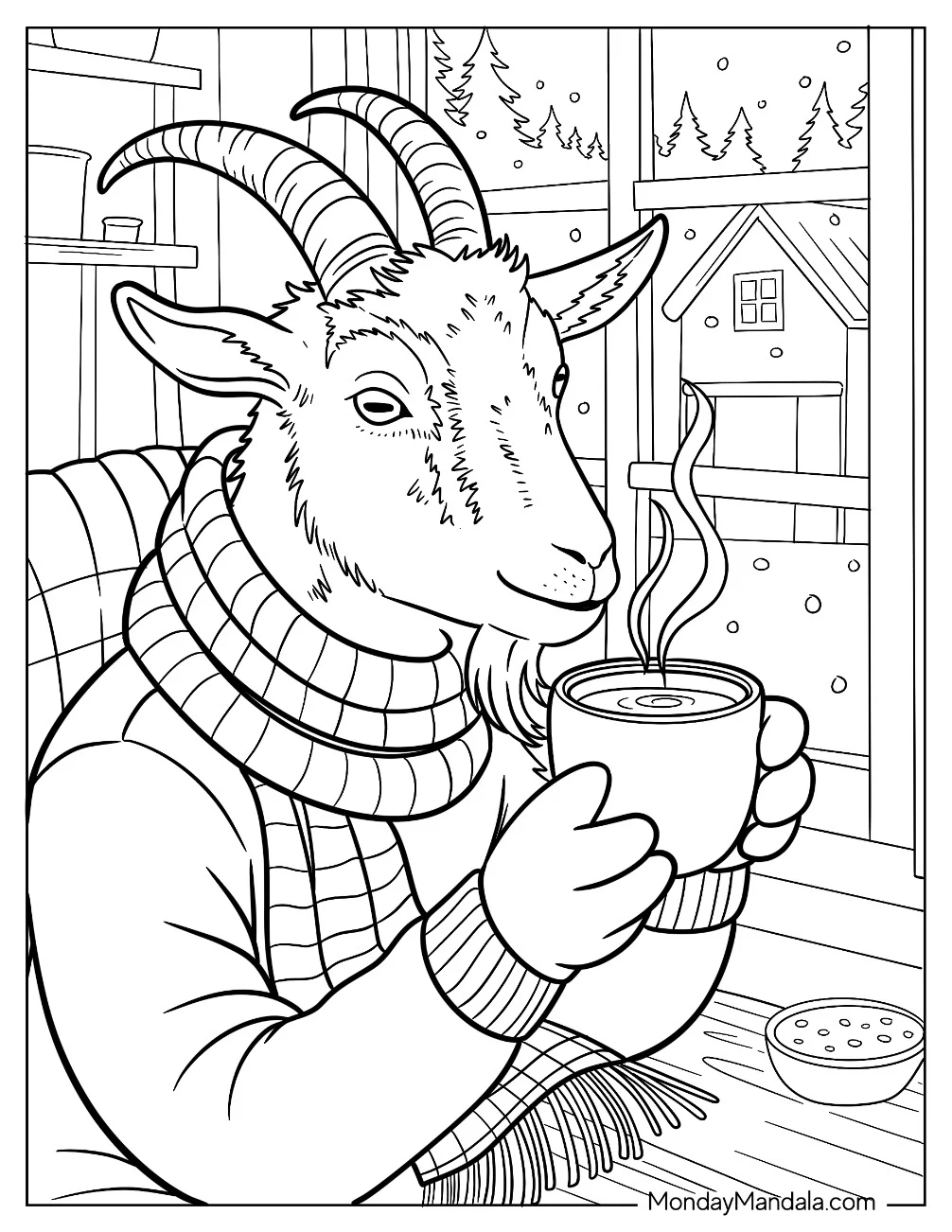 Winter Goat Coloring Page Wrapped in a Scarf Enjoying Hot Chocolate by the Window coloring page