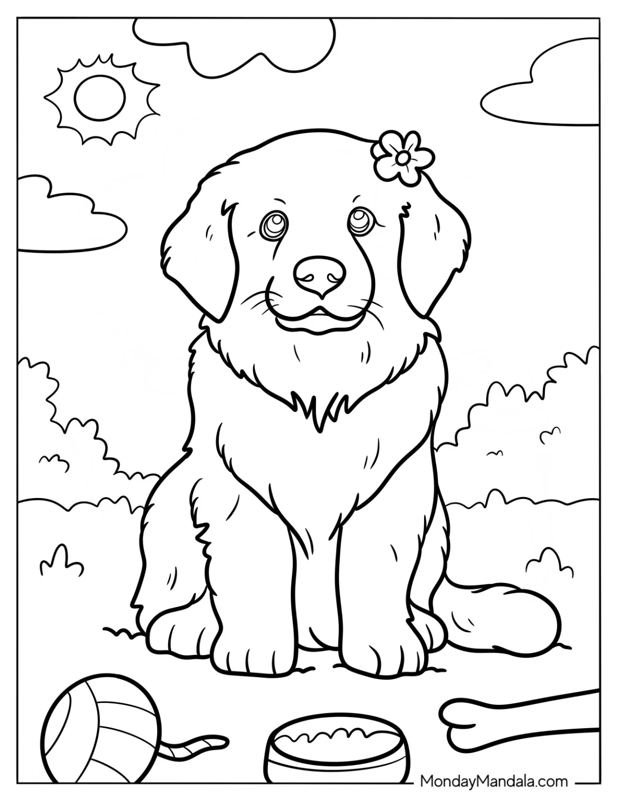 Cute Golden Retriever Coloring Page With Flower On Her Ear coloring page
