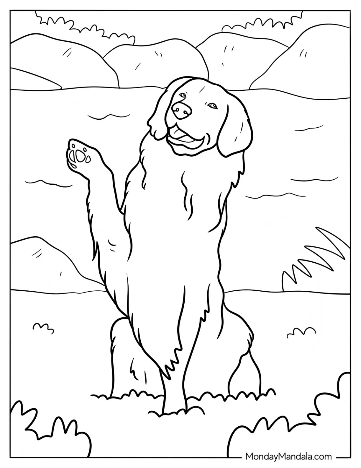 Easy Golden Retriever Coloring Page With Paw Up coloring page — printable line art
