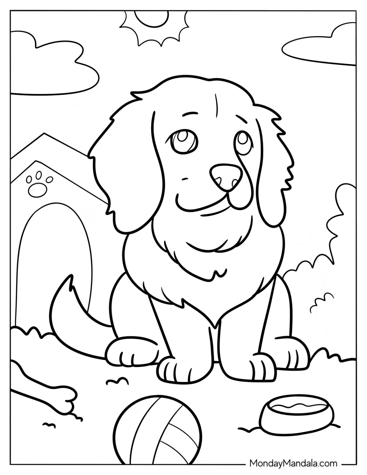Golden Retriever Coloring Page Puppy Sitting In Front Of Dog House For Preschoolers coloring page — printable line art