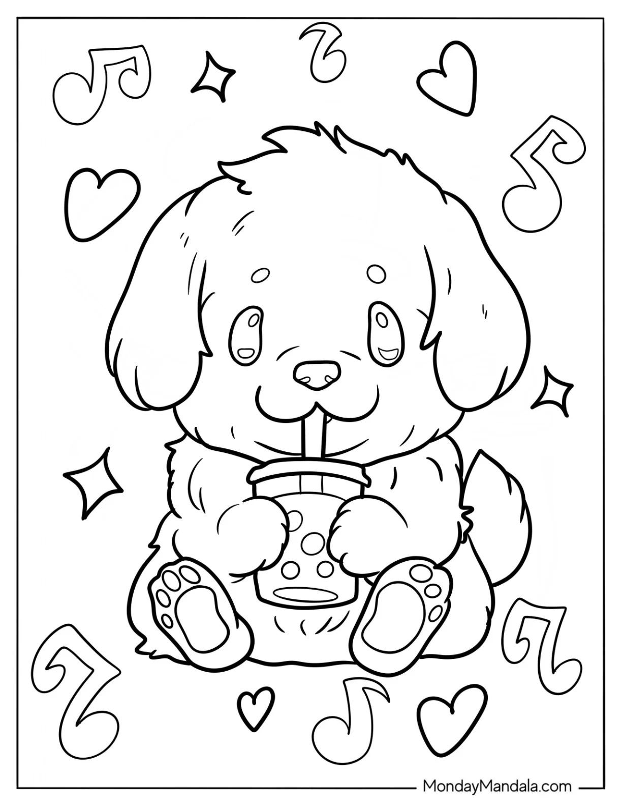 Kawaii Golden Retriever Coloring Page Drinking Boba Tea For Kids coloring page — printable line art