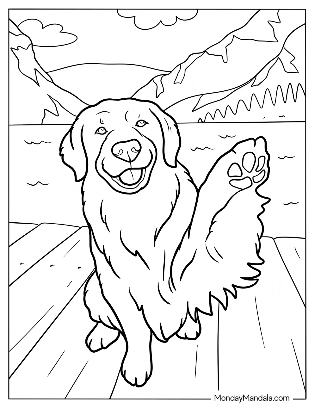 Realistic Golden Retriever Coloring Page With Paw Up coloring page