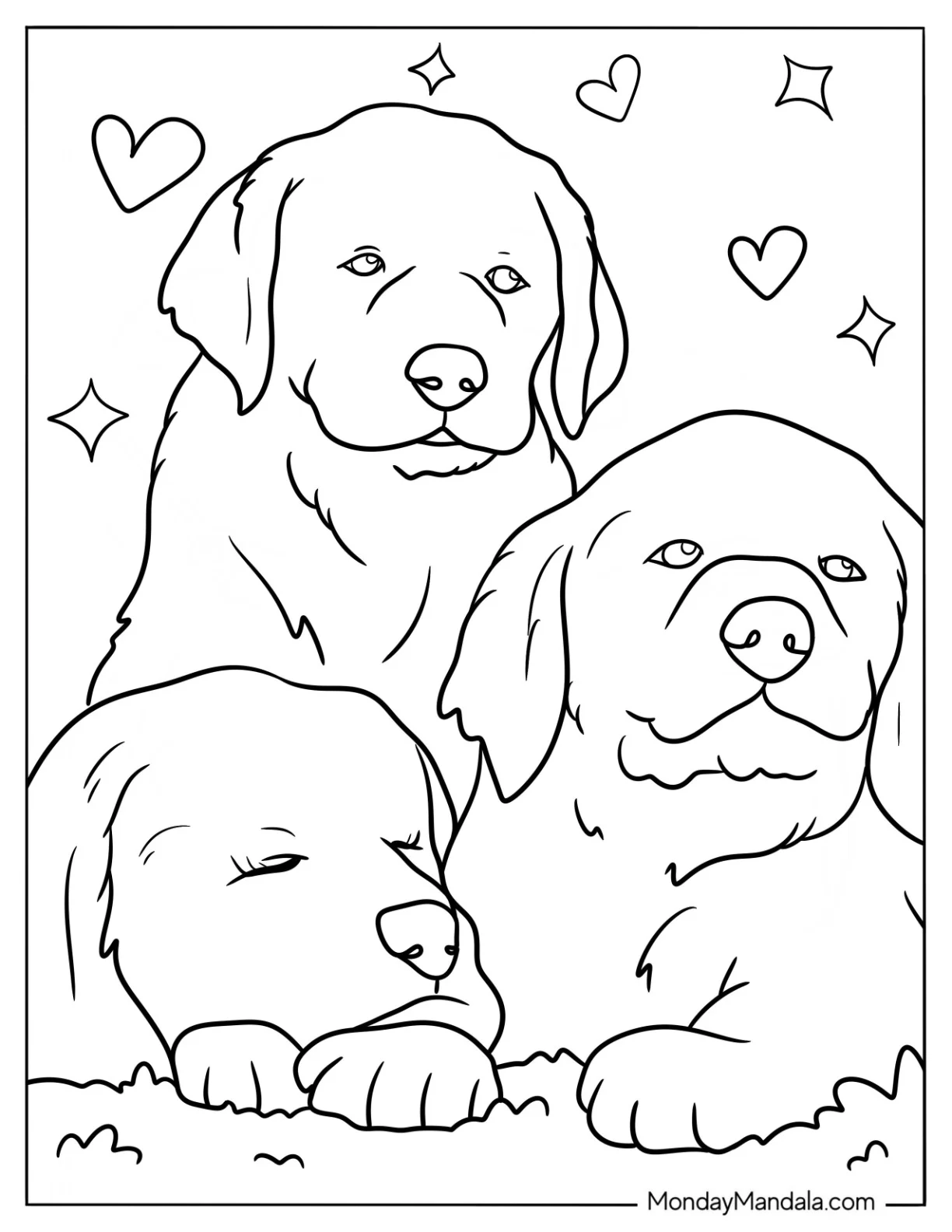 Three Sleepy Golden Retrievers Coloring Page For Kids coloring page