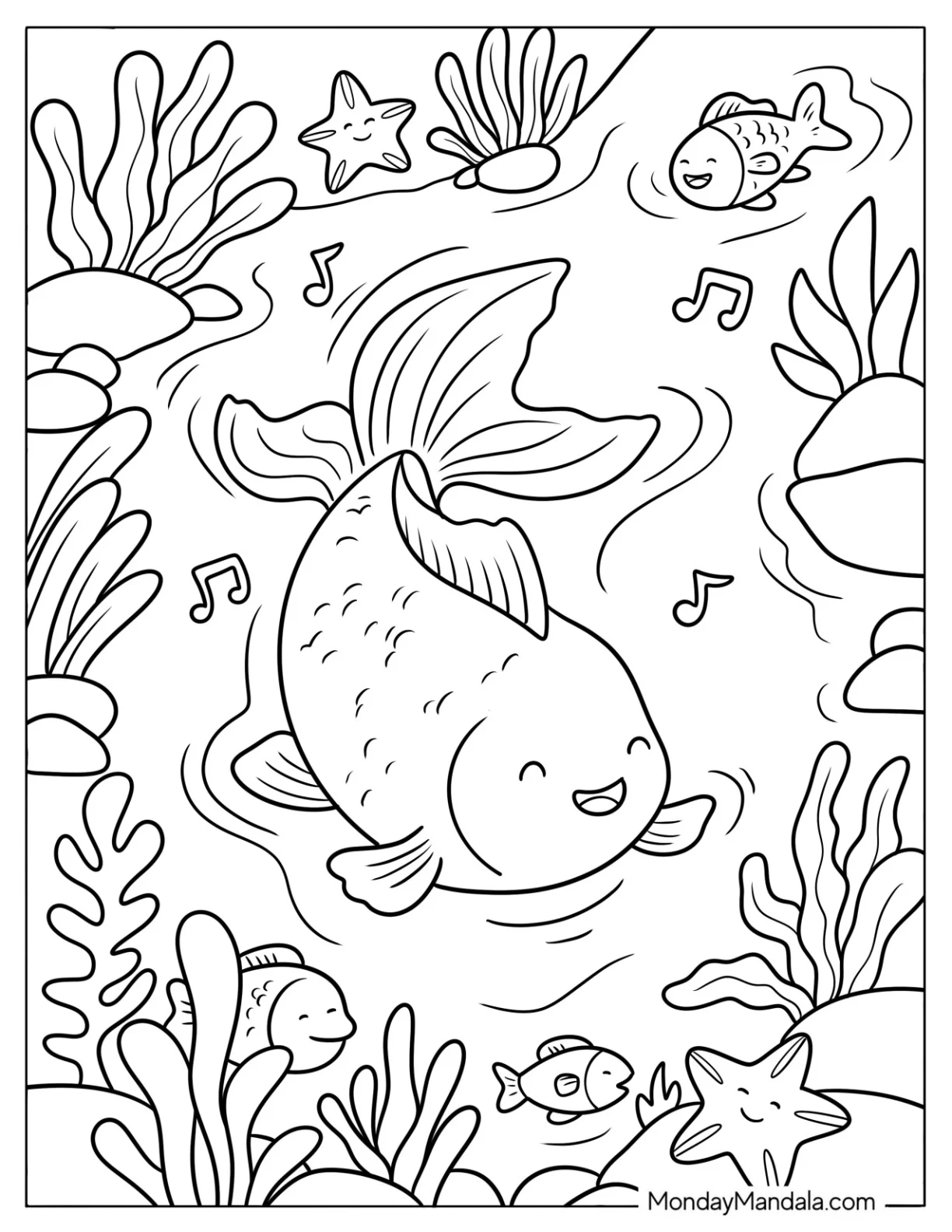 Cartoon Goldfish Coloring Page Dancing in a Pond for Kids coloring page