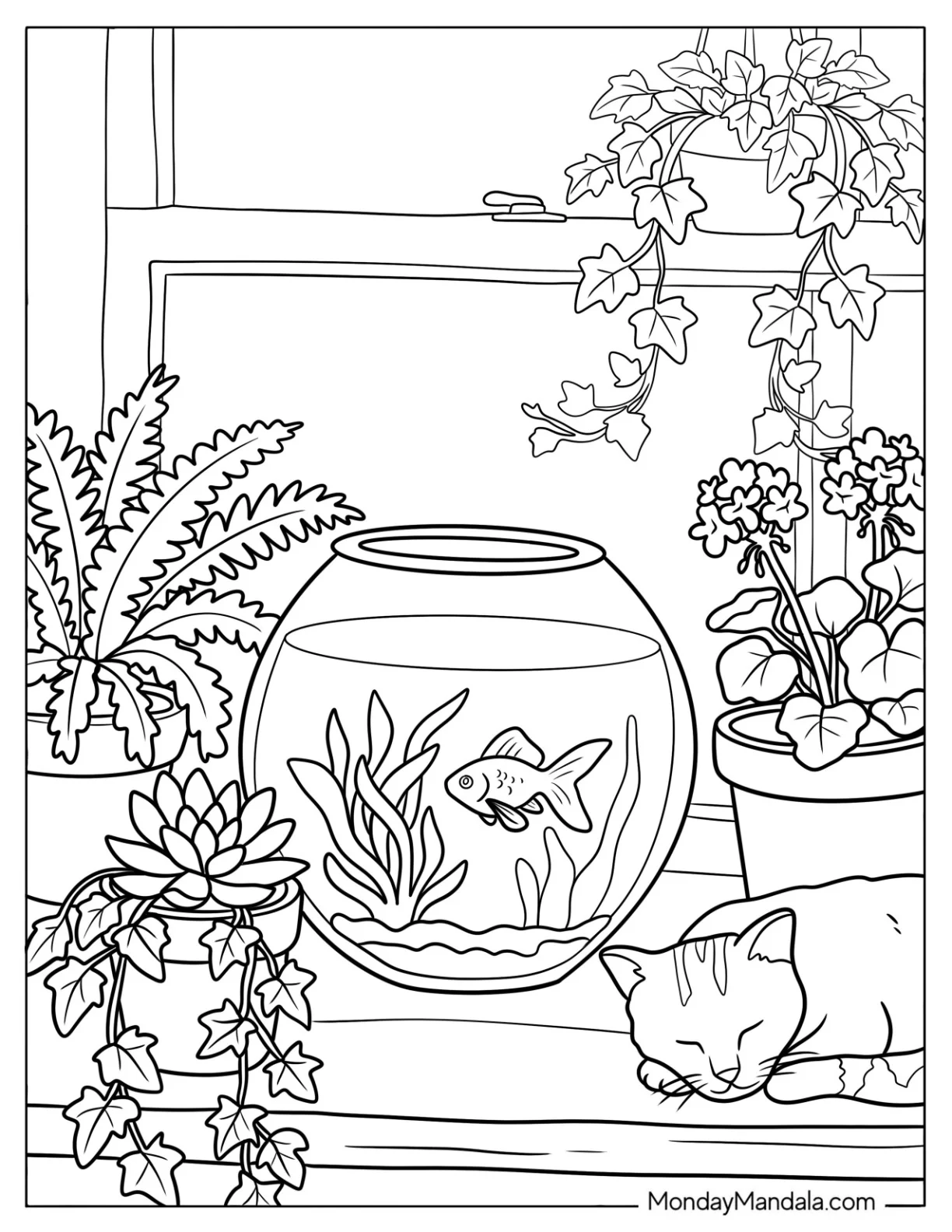 Cozy Goldfish Coloring Page in Fish Bowl Surrounded by Plants and Sleeping Cat coloring page — printable line art