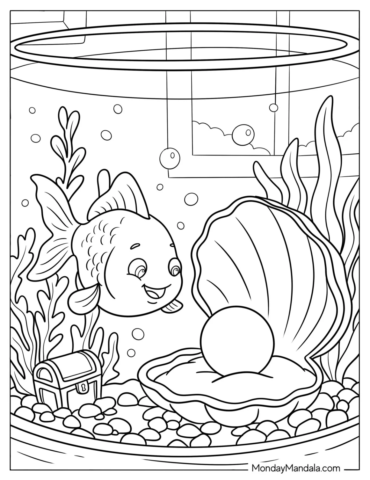 Goldfish Coloring Page and Pearl in a Clam Inside a Fishbowl coloring page — printable line art