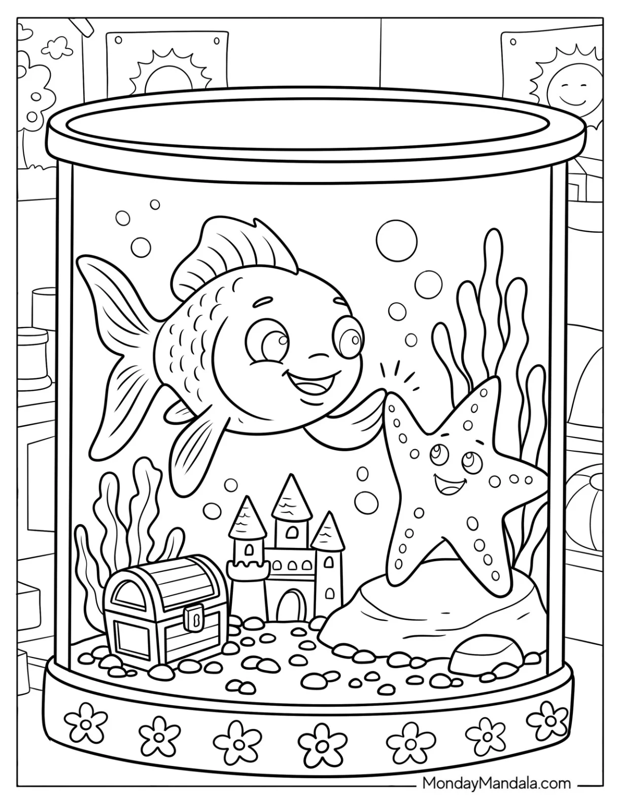 Goldfish Coloring Page and Starfish Inside a Fishbowl with Treasure and Castle coloring page — printable line art