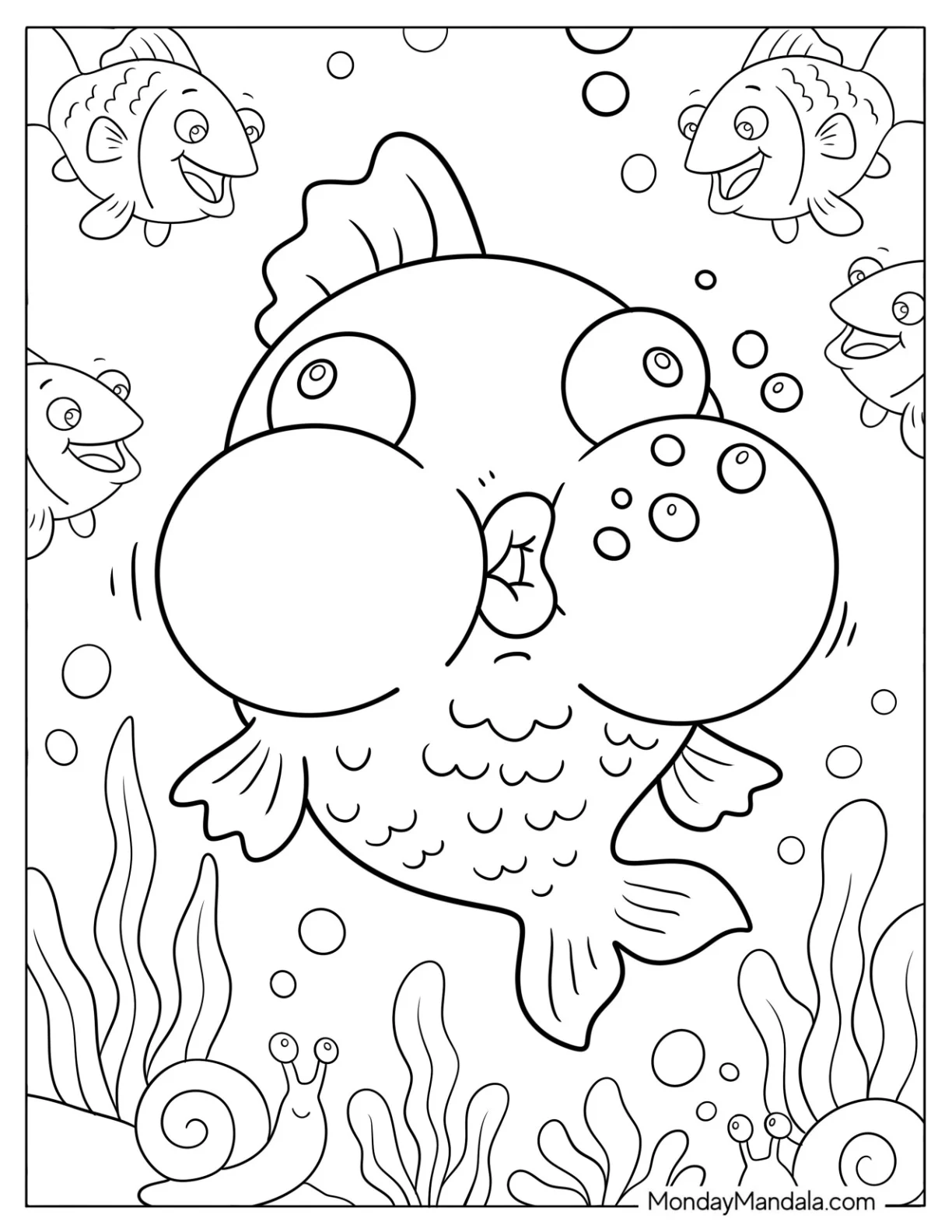 Goldfish Coloring Page Blowing Bubbles with Cheeks Puffing Underwater for Kids coloring page — printable line art