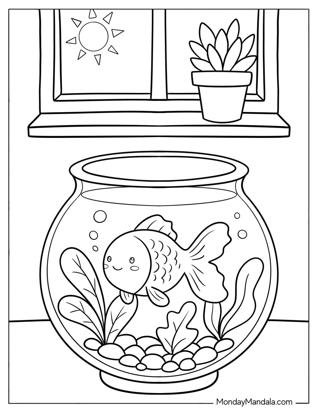 Goldfish Coloring Page Swimming in a Bowl with Plants by a Window for Kids coloring page — printable line art