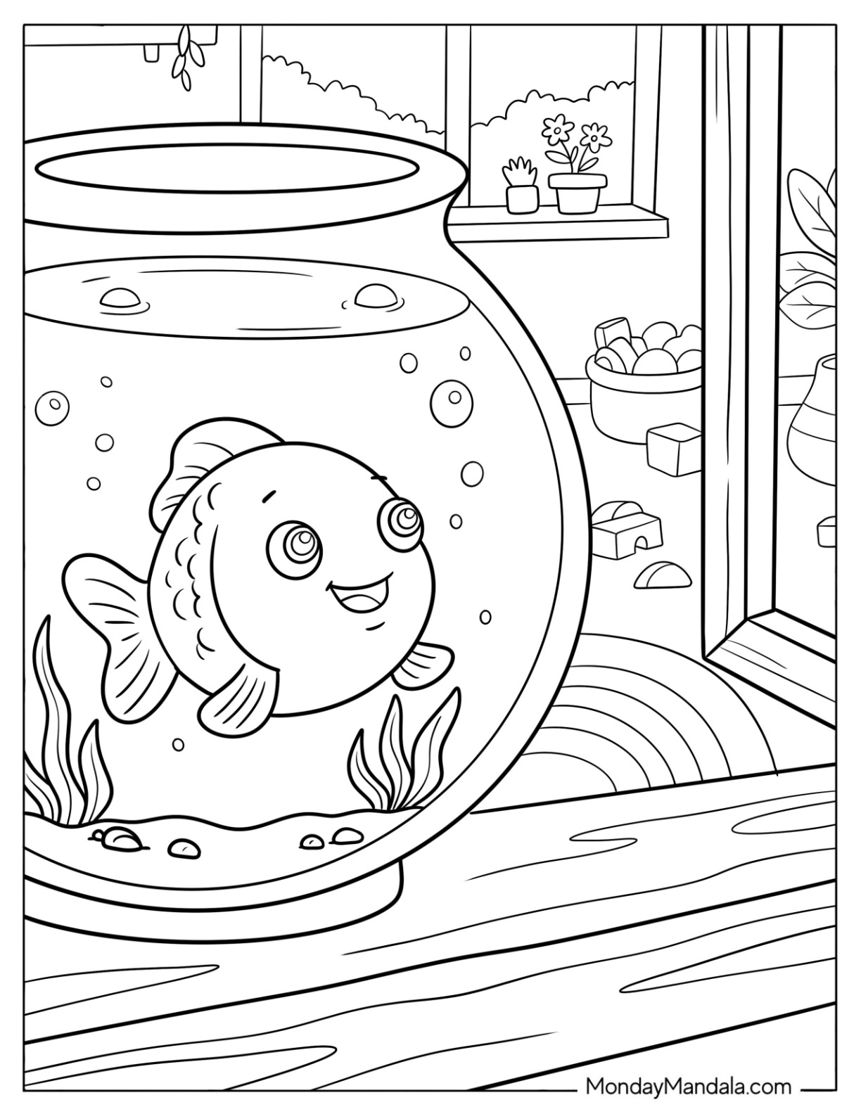 Goldfish Coloring Page Swimming in a Fishbowl by a Window coloring page — printable line art