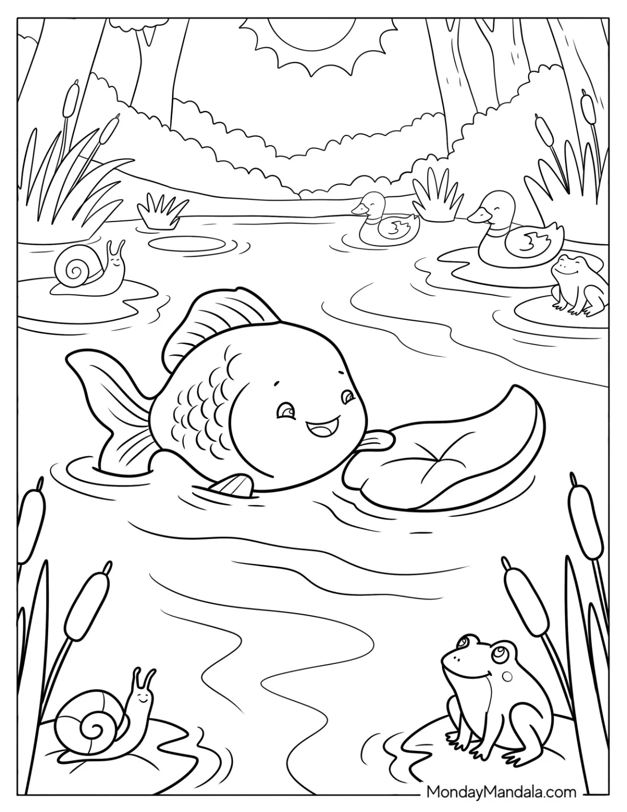 Goldfish Coloring Page Swimming in a Pond with Ducks and Frogs coloring page — printable line art