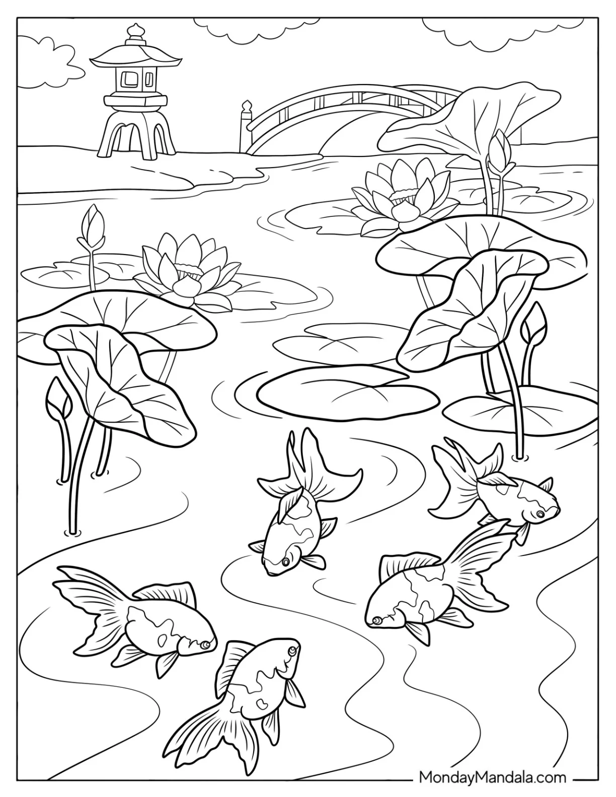 Goldfish Coloring Page Swimming in an Japanese Pond coloring page — printable line art