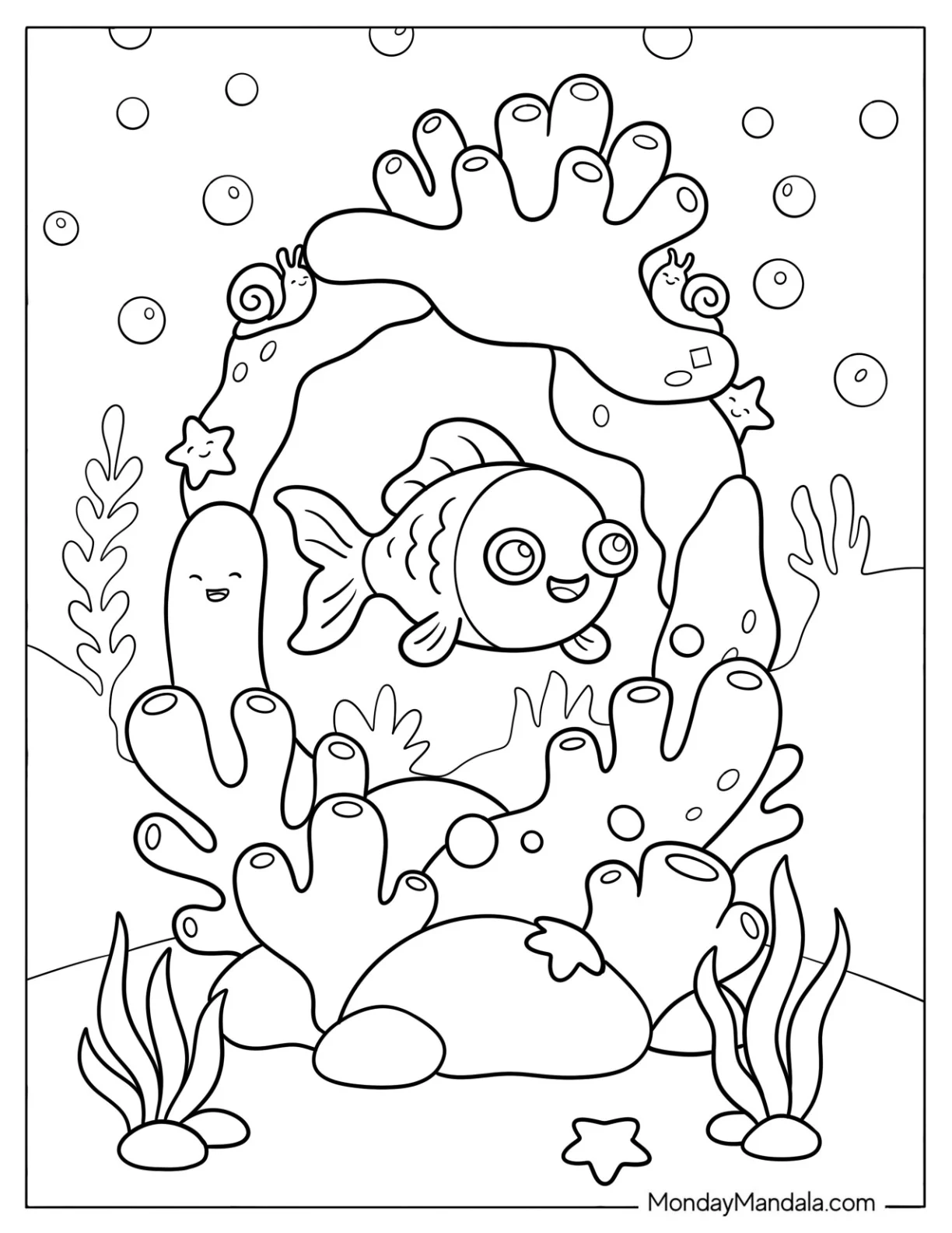 Goldfish Coloring Page Swimming Through Coral Reef with Bubbles for Kids coloring page — printable line art