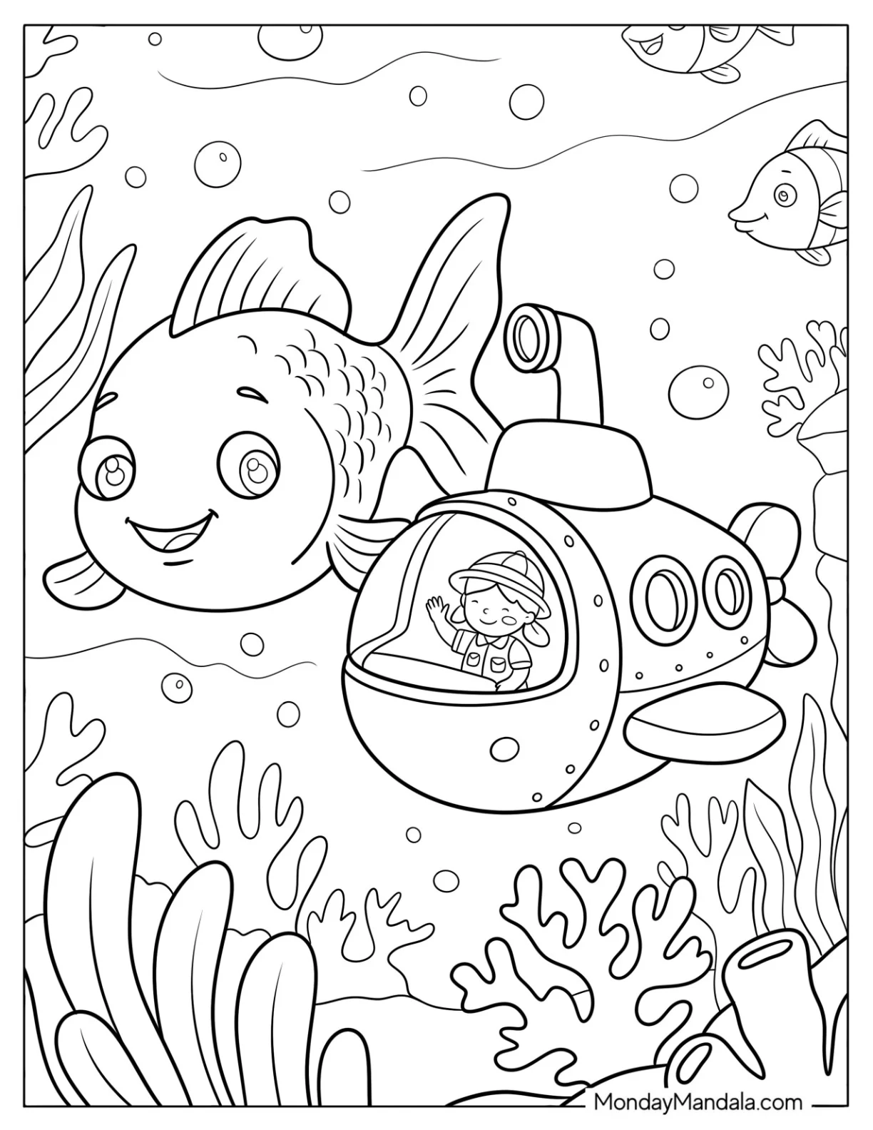 Goldfish Coloring Page Swimming with a Submarine Underwater coloring page